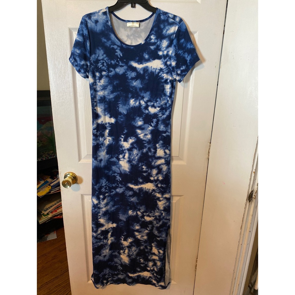 Bobbie Brooks Womens Blue Tie Dye Short Sleeve Maxi Dress Side Slits Size M